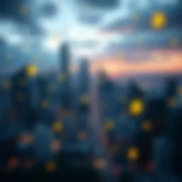 A futuristic city skyline with digital currency symbols floating in the background
